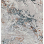 Abstract rug design with marble-like texture. Features swirling patterns in soft gray, blue, and rust tones, creating an artistic and tranquil vibe.