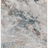 Abstract rug design with marble-like texture. Features swirling patterns in soft gray, blue, and rust tones, creating an artistic and tranquil vibe.