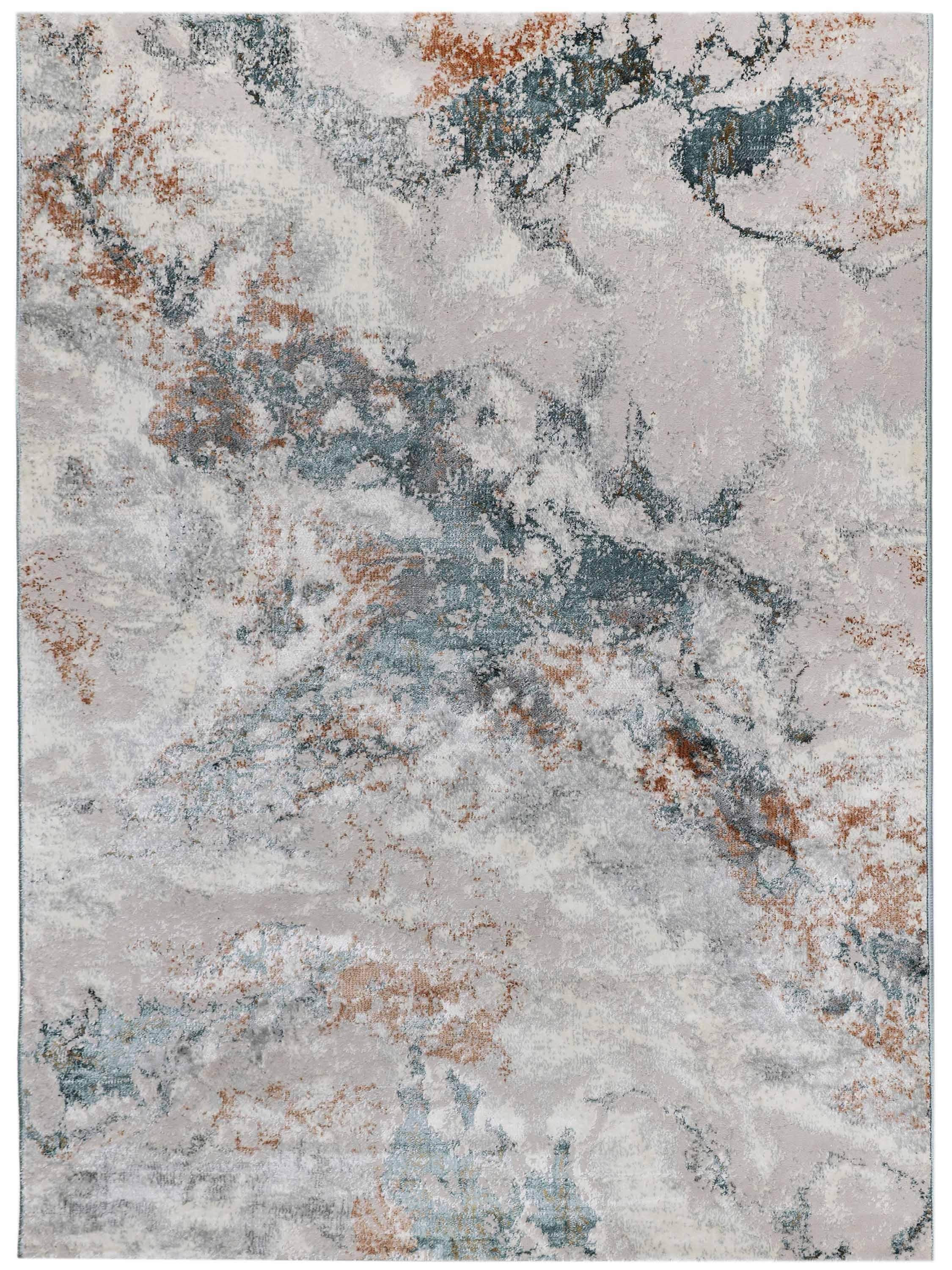 Abstract rug design with marble-like texture. Features swirling patterns in soft gray, blue, and rust tones, creating an artistic and tranquil vibe.