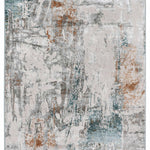 Abstract rug design featuring textured patterns in muted tones of blue, orange, and beige. The composition has a modern, artistic feel.