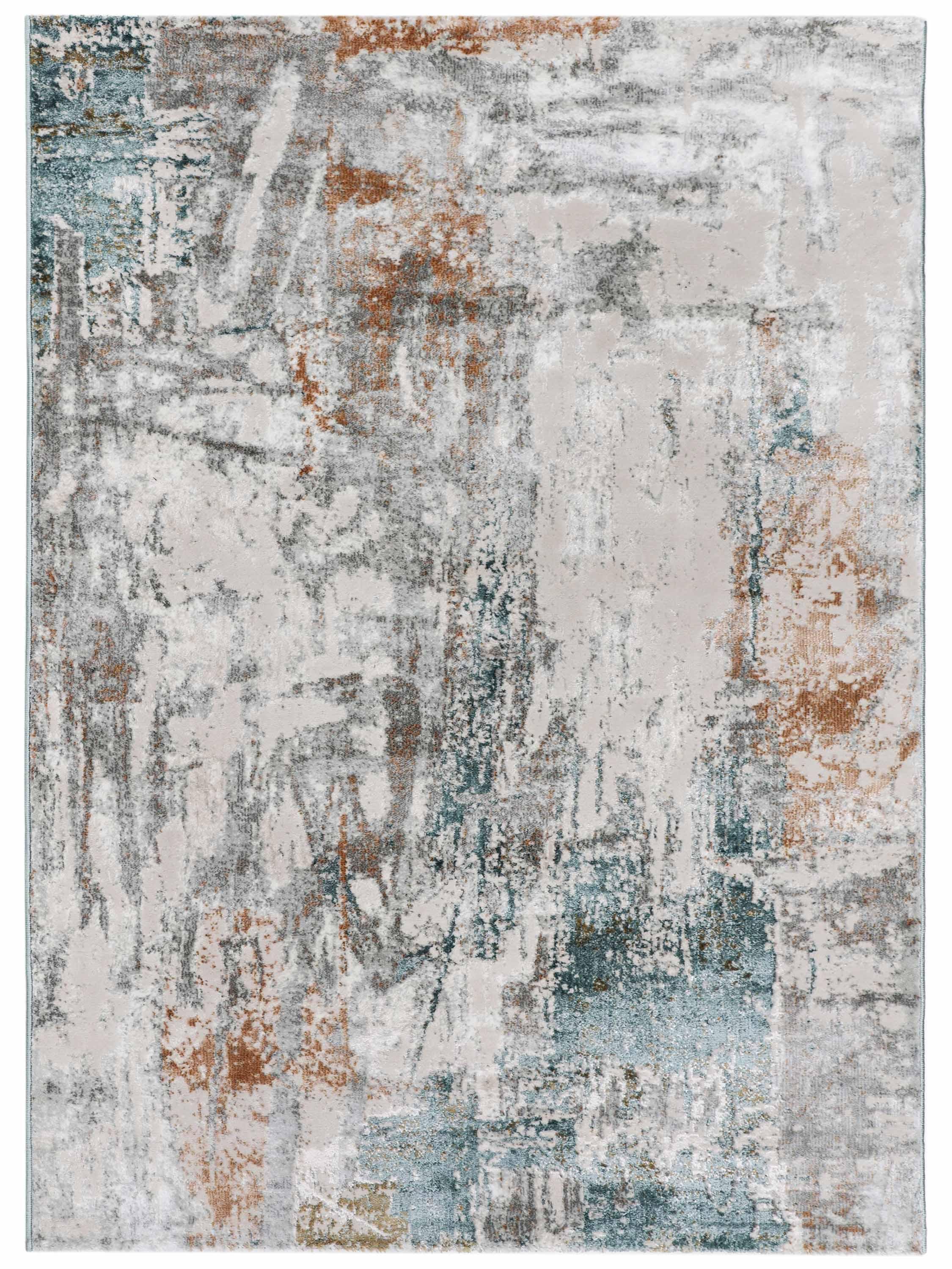 Abstract rug design featuring textured patterns in muted tones of blue, orange, and beige. The composition has a modern, artistic feel.