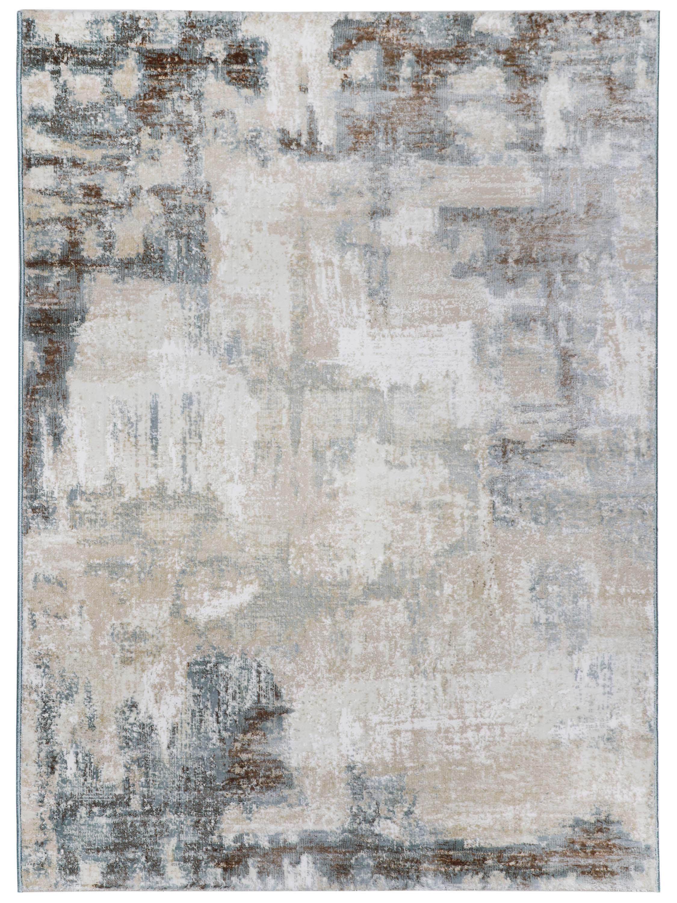 Abstract rug with a textured, distressed pattern in gray, beige, and blue tones. The design has a weathered look, conveying a subtle, vintage feel.