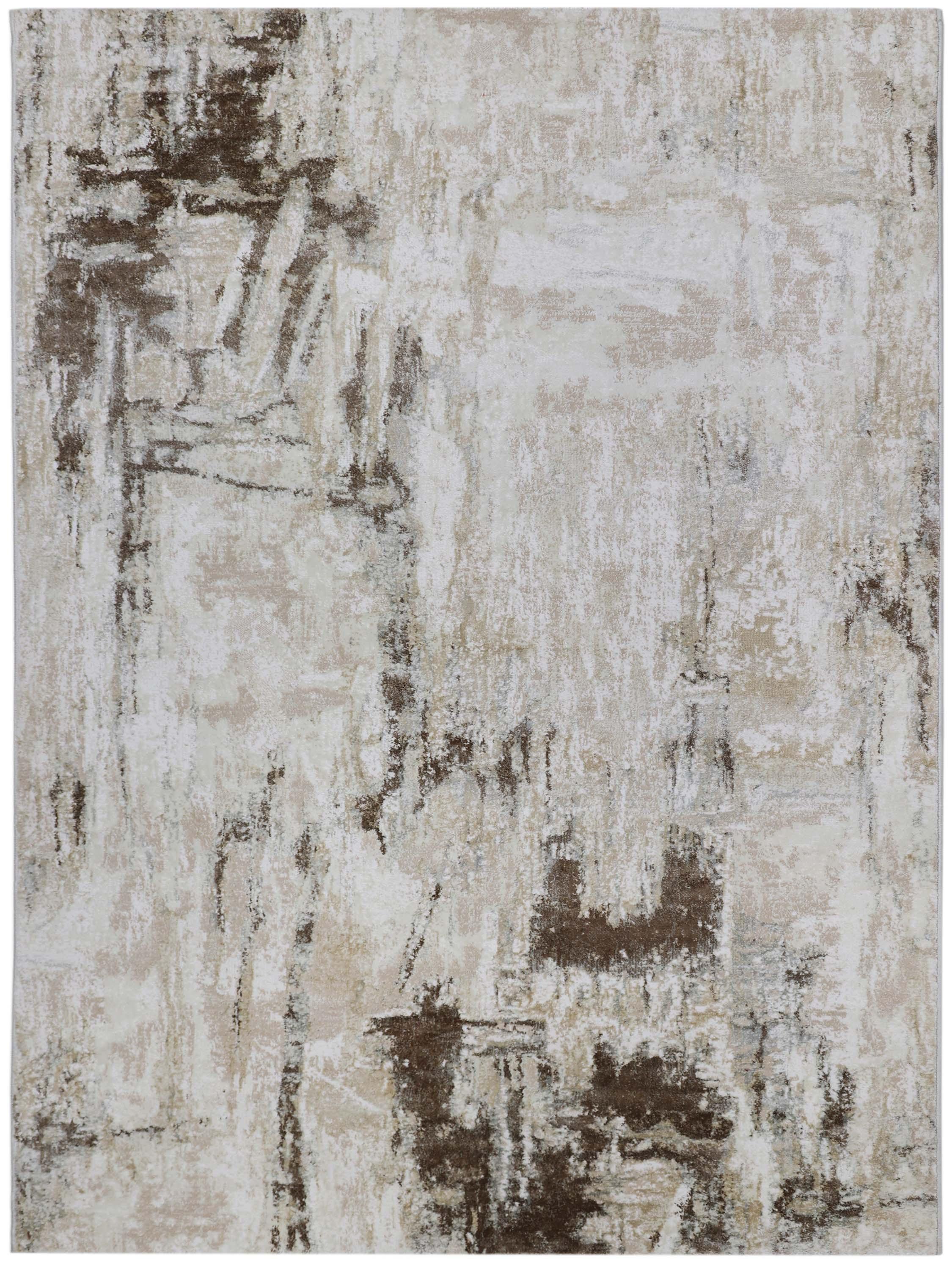 Abstract design rug in beige and brown tones, featuring a distressed texture. The pattern resembles brushstrokes, evoking an earthy, rustic feel.