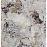 Abstract area rug with a distressed pattern featuring earthy tones of beige, brown, and gray, creating a textured and contemporary look.