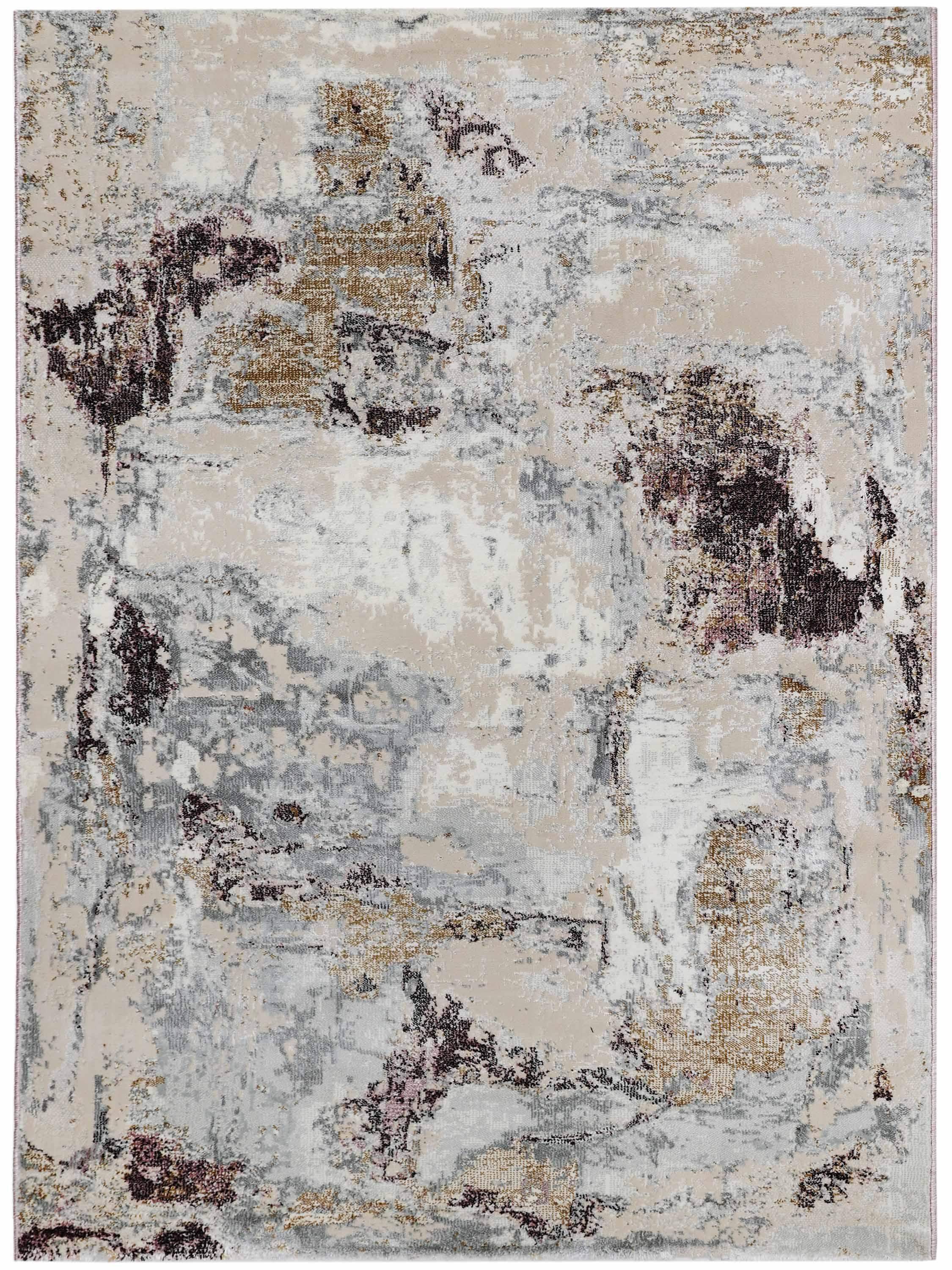 Abstract area rug with a distressed pattern featuring earthy tones of beige, brown, and gray, creating a textured and contemporary look.