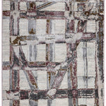 Abstract rug design with intersecting burgundy, gray, and brown lines on a textured beige background, creating a geometric, modern aesthetic.