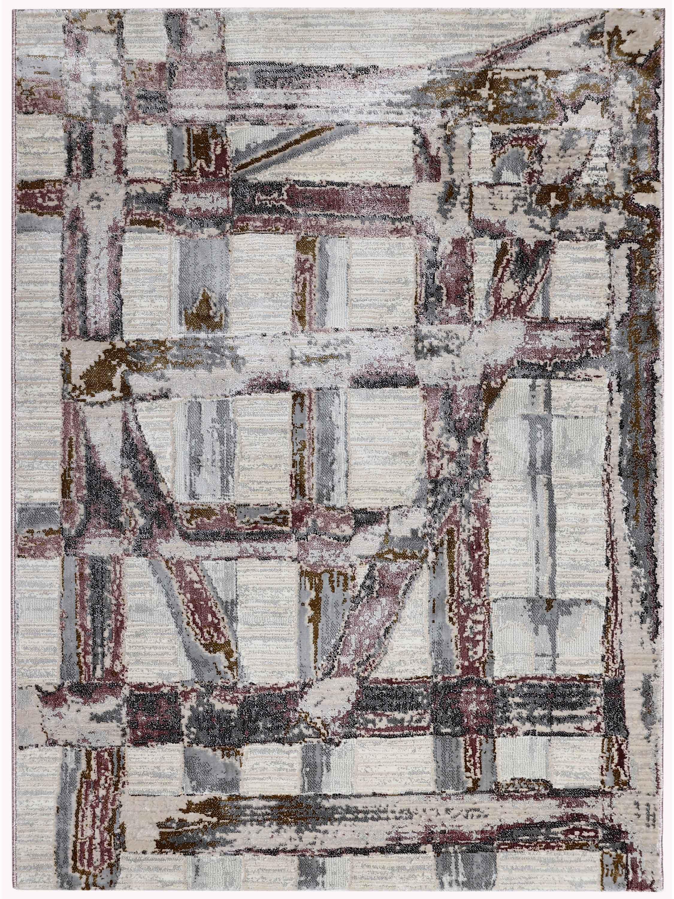 Abstract rug design with intersecting burgundy, gray, and brown lines on a textured beige background, creating a geometric, modern aesthetic.