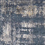 Luxury abstract rug with blue, white, and gold tones for elegant home decor