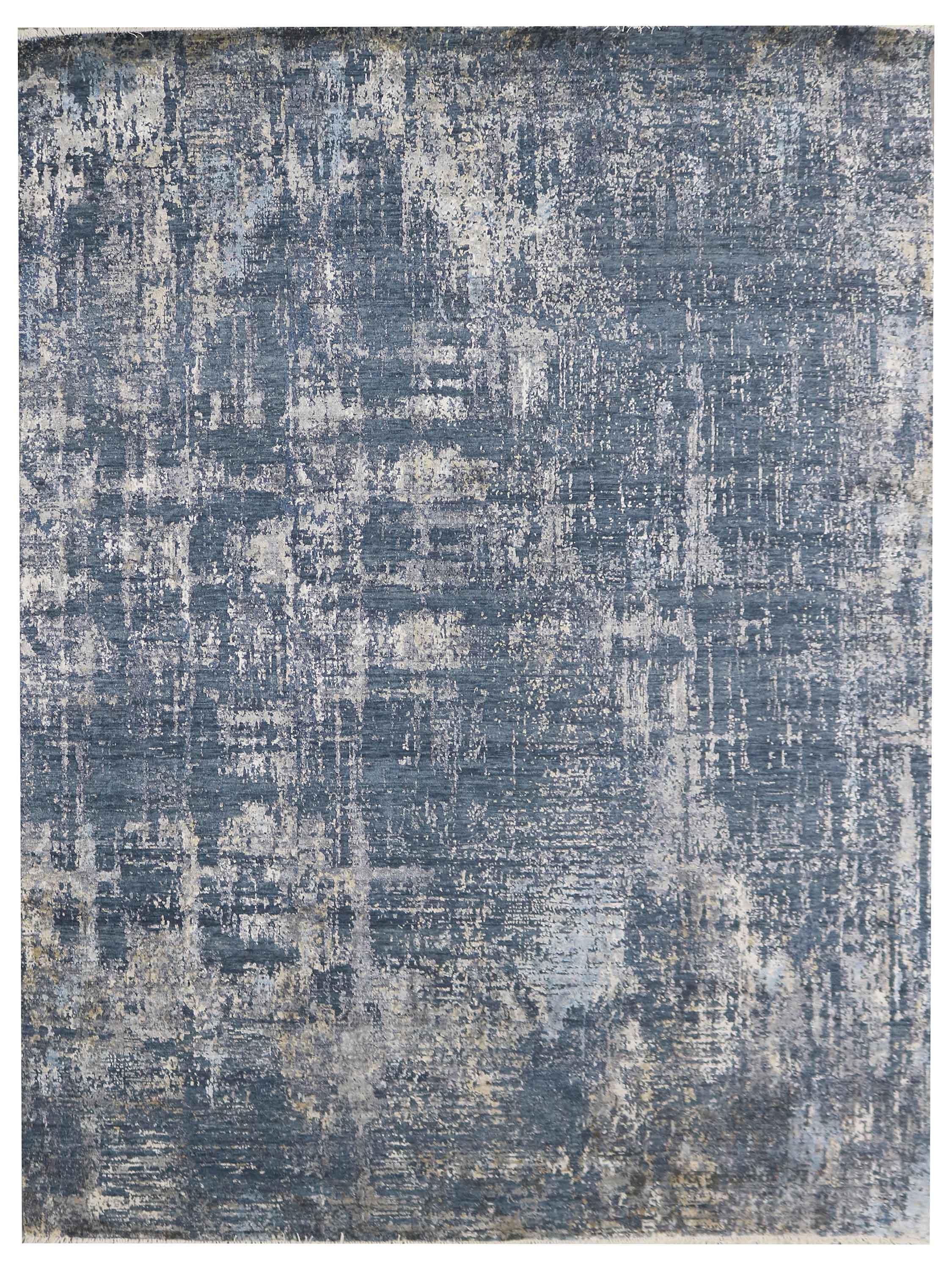 Blue and gray abstract luxury rug with distressed vintage texture for modern home decor