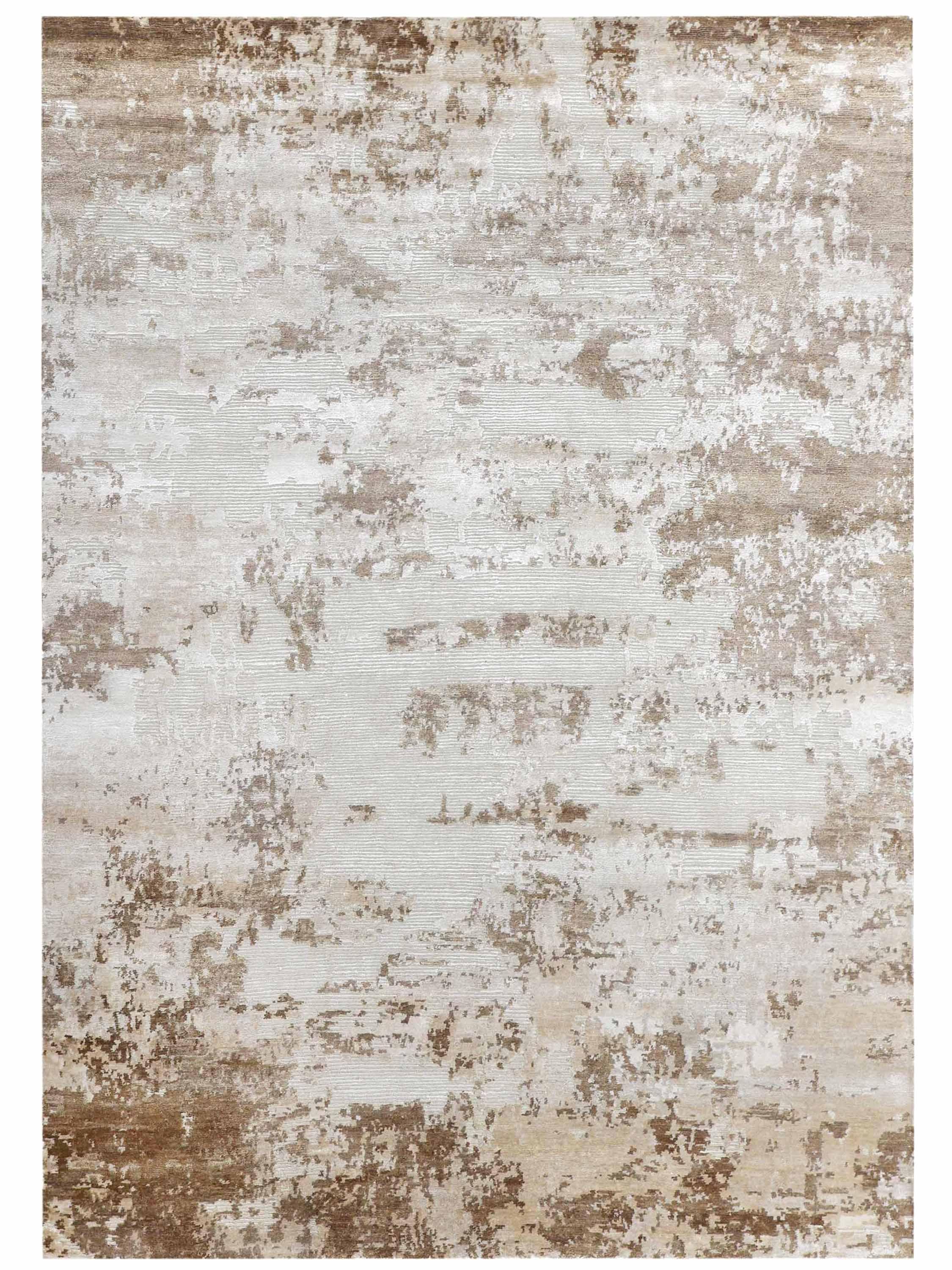 Luxury abstract rug with distressed beige and brown pattern, handcrafted for elegant home decor