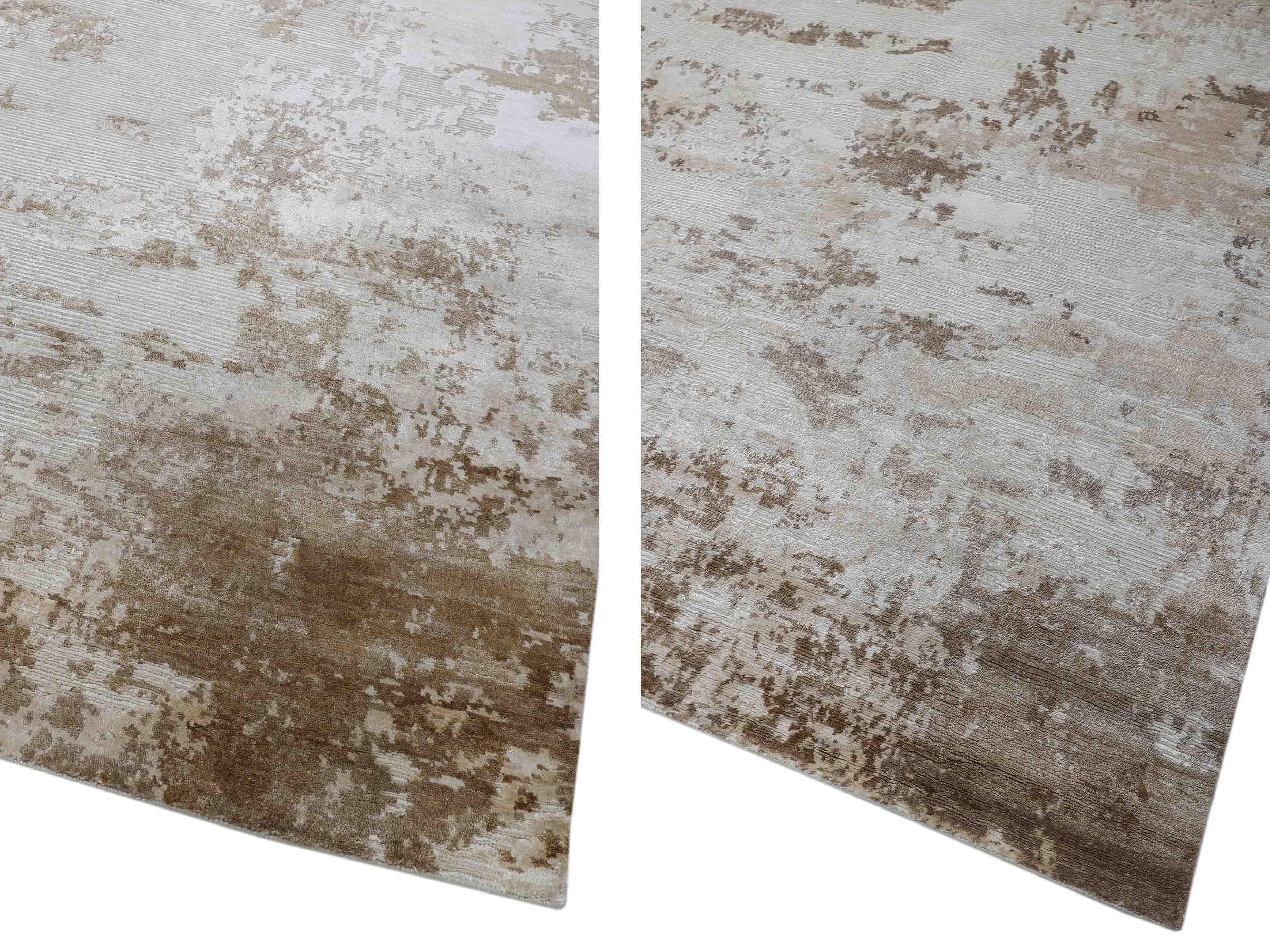 Luxury abstract rug with beige and brown tones, handcrafted for elegant home decor