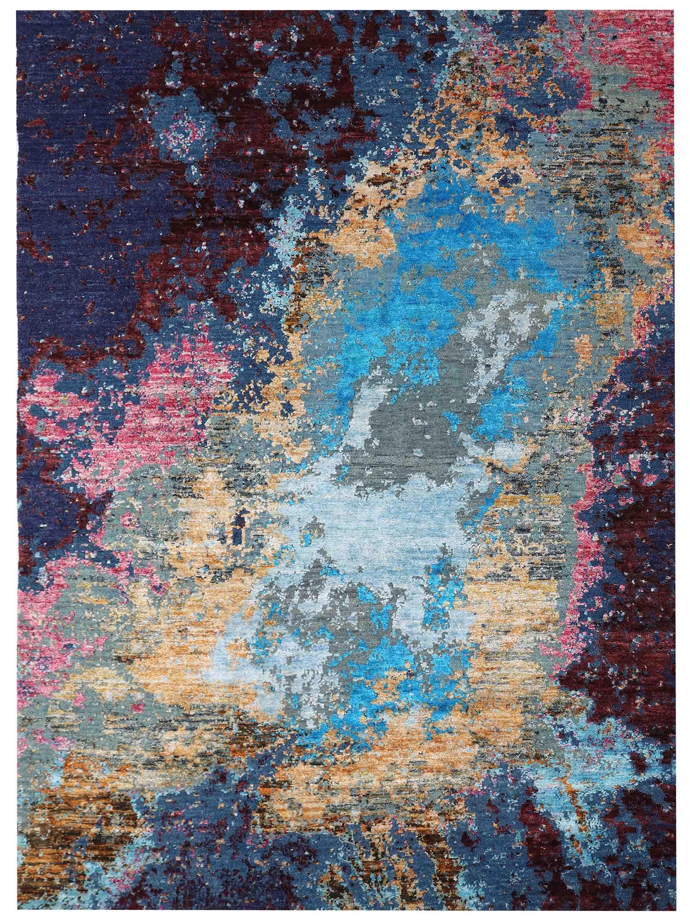 Abstract luxury rug with vibrant blue, pink, and gold distressed pattern for modern home decor